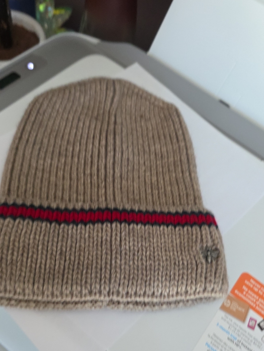 Ribbed Knit Beanie - Tan with Red & Black Stripe Wool
